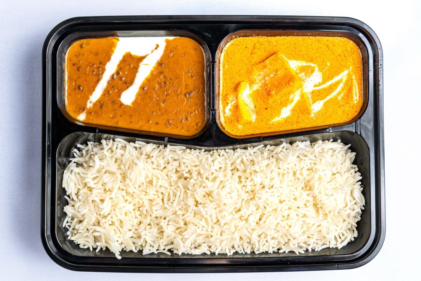 Halal vegetarian dal makhani and paneer butter masala with rice at India 101 in Irving, TX