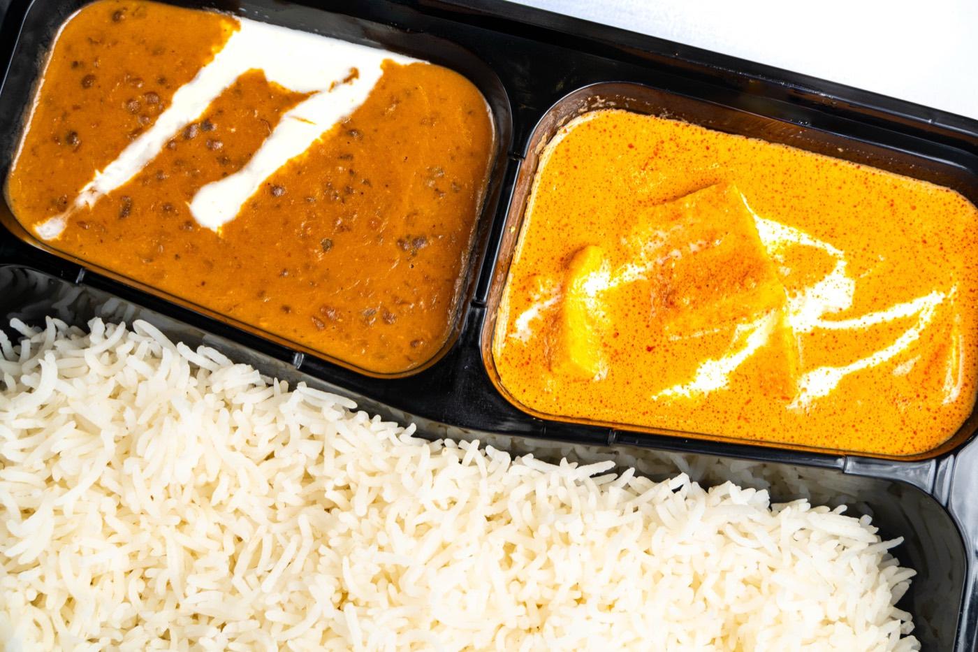 Close-up of vegetarian dal makhani and paneer masala with rice at India 101 in Irving, TX
