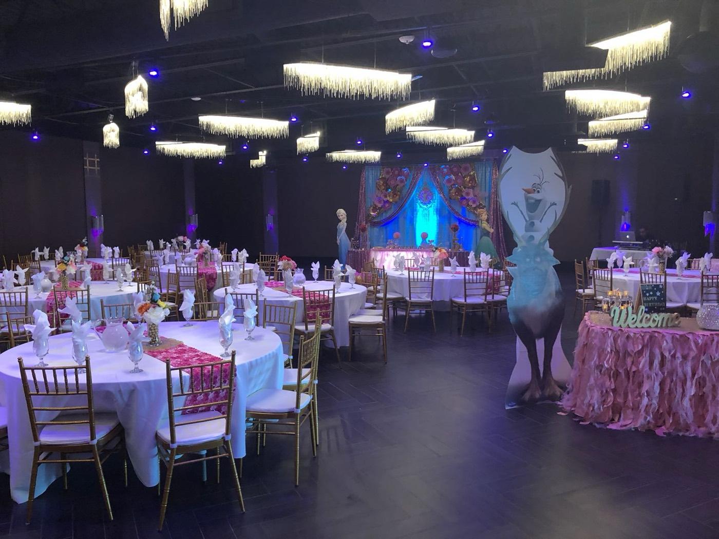 Frozen-themed kids birthday ballroom with character cutouts at India 101 banquet hall in Irving, TX