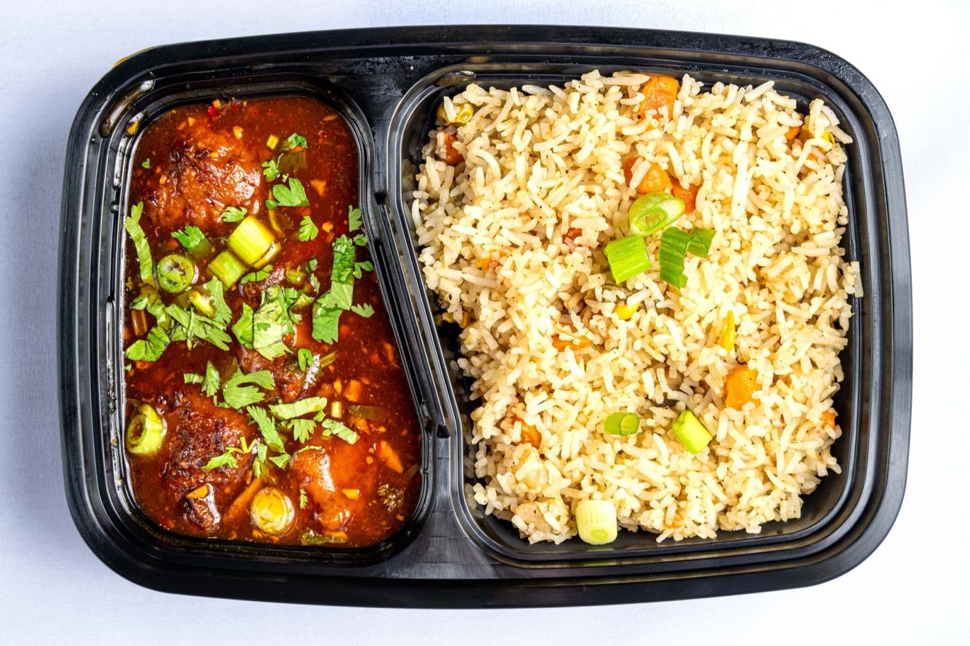 Halal Indo-Chinese manchurian with vegetable fried rice takeout at India 101 in Irving, TX