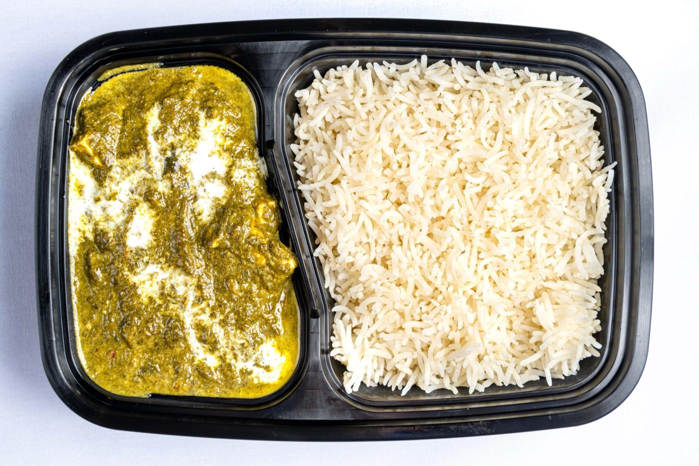 Halal vegetarian palak paneer with basmati rice takeout at India 101 in Irving, TX