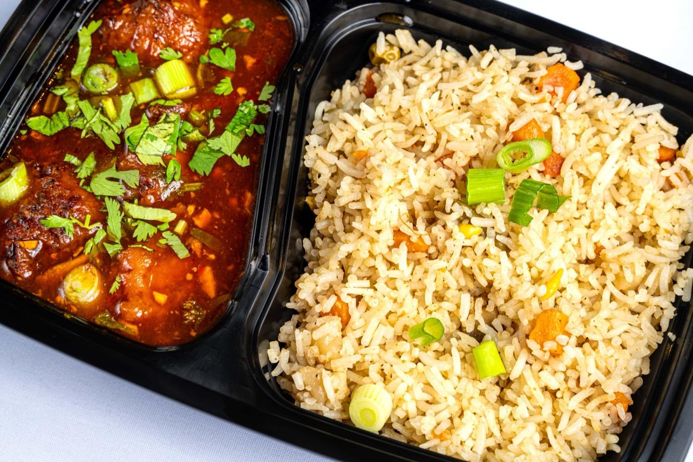 Close-up of Halal veg manchurian and vegetable fried rice at India 101 in Irving, TX